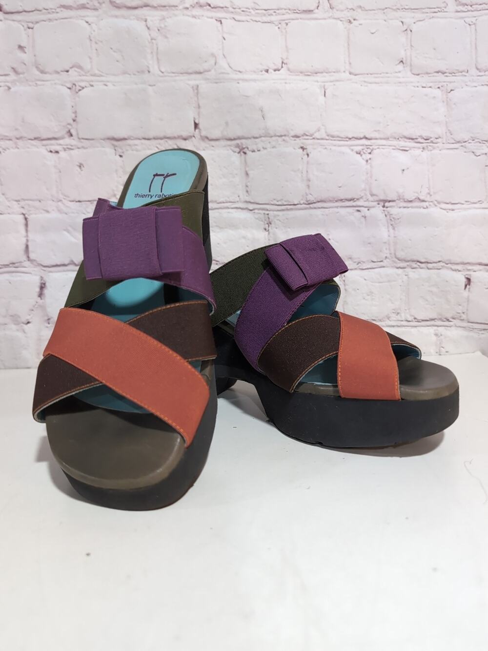 Thierry Rabotin Multi-Color Wedge Sandals Strappy Platform Elastic Bow READ